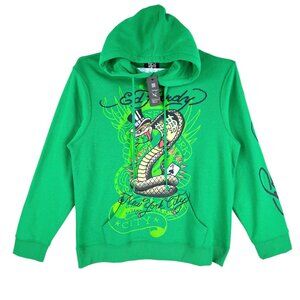 Ed Hardy Mens Cobra Ace New York City  Pullover Green Hooded Sweatshirt Sz L NWT